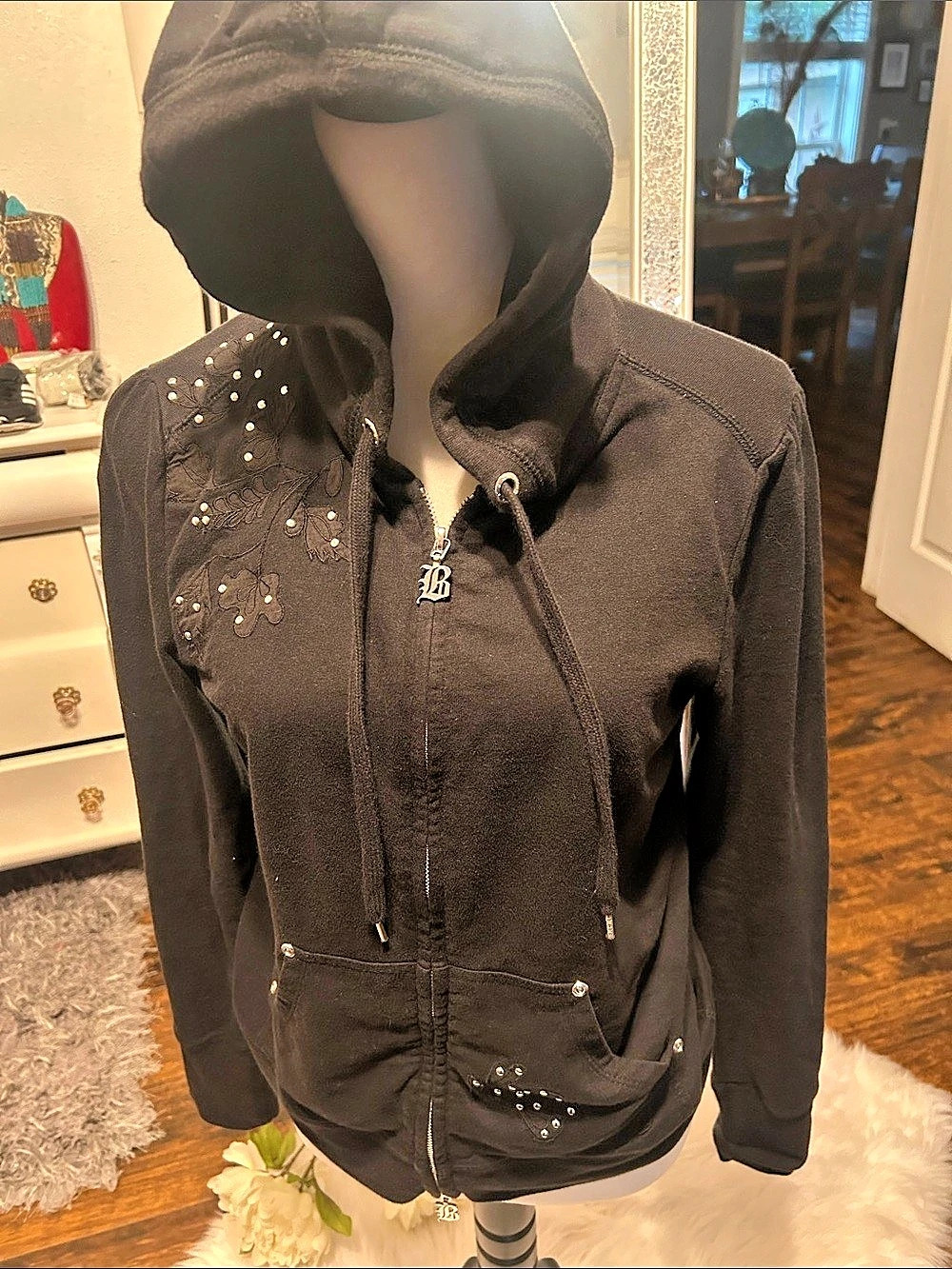BCBGMAXAZRIA Black Embellished Hoodie and Pants Set
